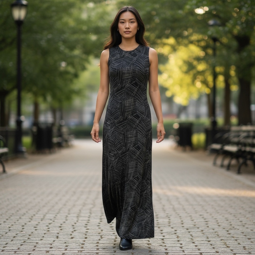 Vintage Ronni Nicole Long Black & Silver Sleeveless Dress